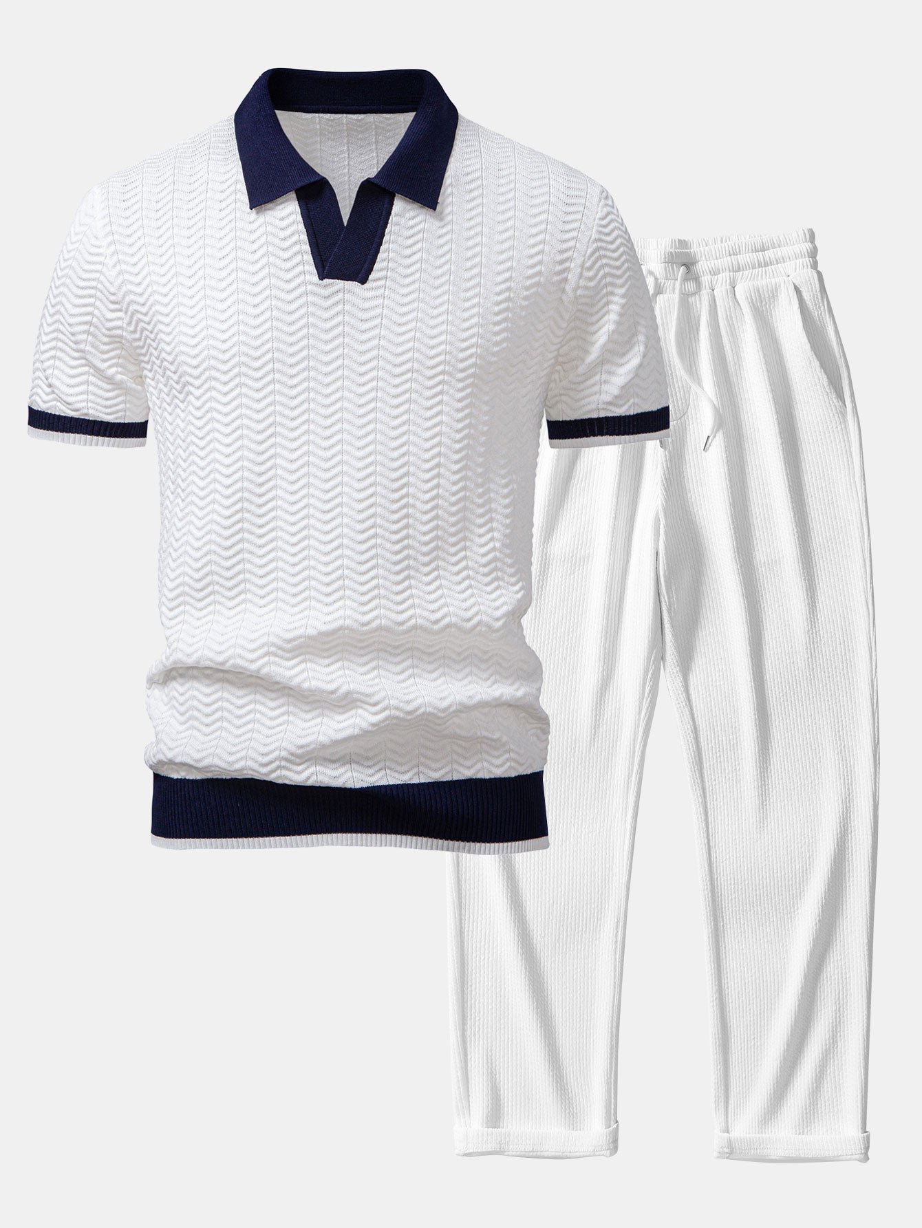 Camisa Polo de punto con contraste de textura y cuello en V & pantalones acanalados de pierna recta