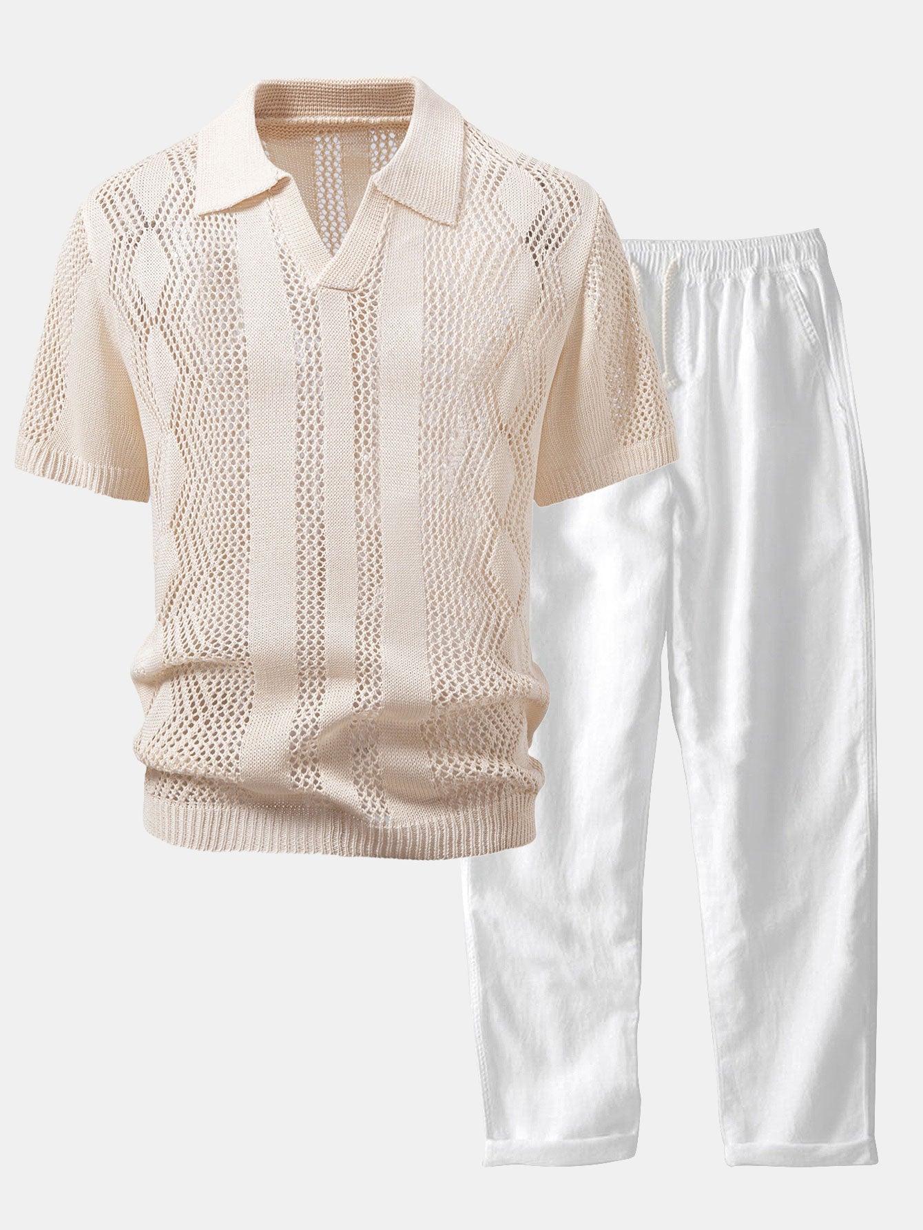 Relax Fit Geometry Crochet V Neck Knit Polo & Straight Leg Linen Pants