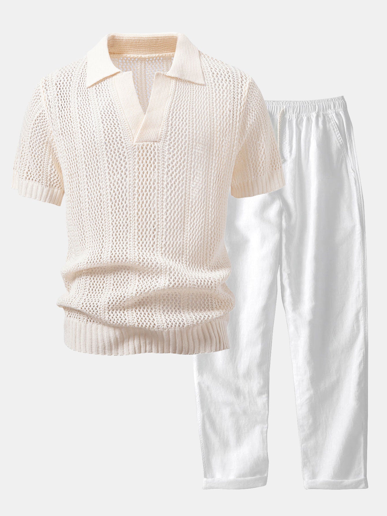 Relax Fit Crochet V Neck Knit Polo & Straight Leg Linen Pants