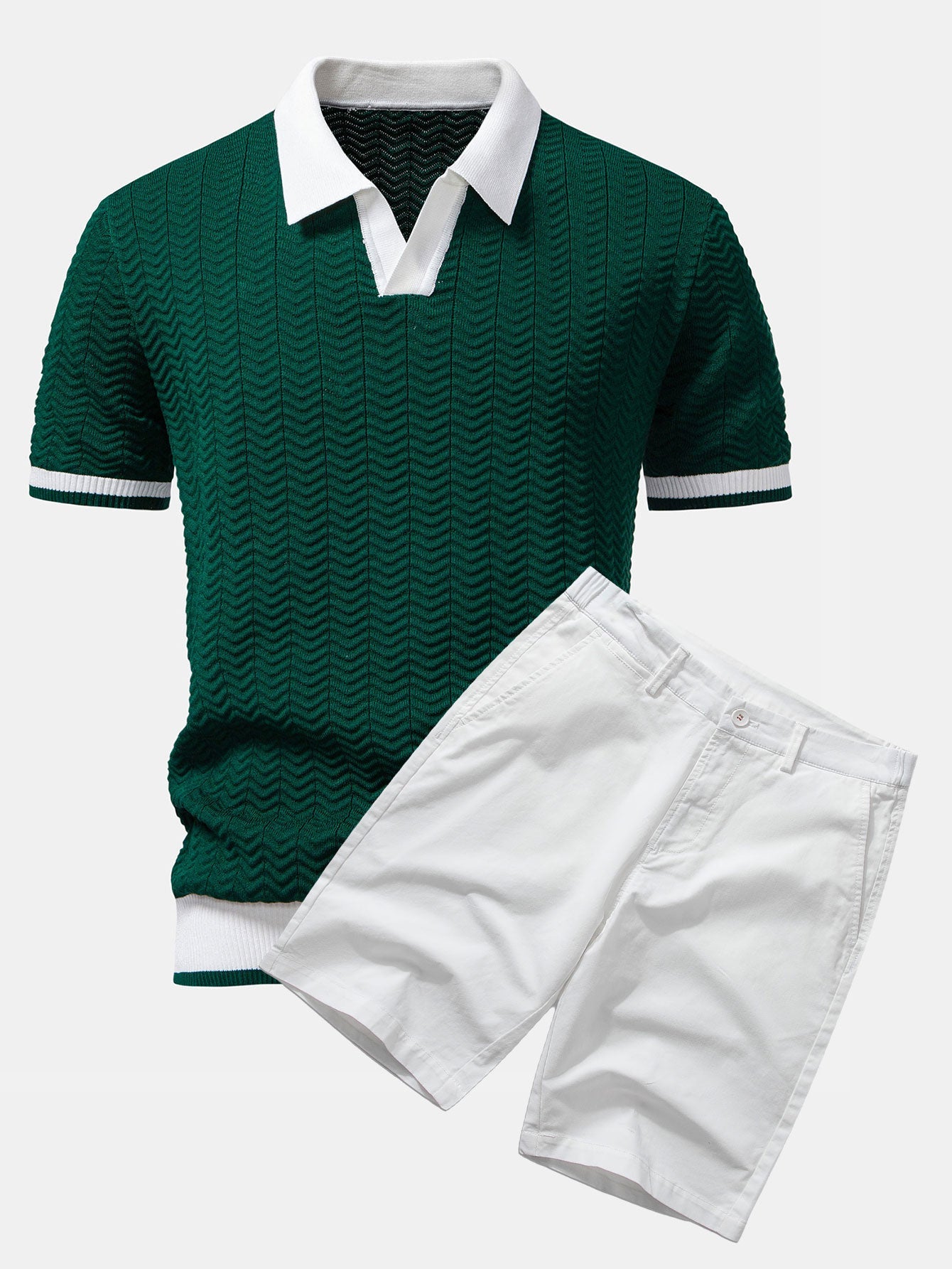 Camisa Polo de punto con contraste de textura y pantalones cortos de algodón tipo chino