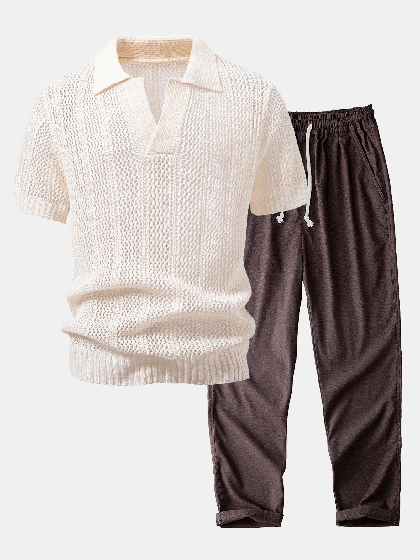 Relax Fit Crochet V Neck Knit Polo & Straight Leg Linen Pants