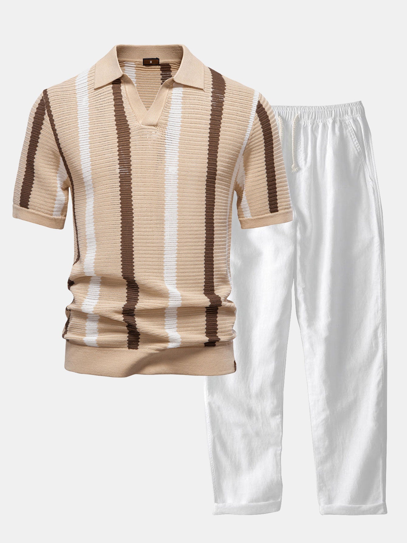 Camisa Polo de Punto a Rayas con Cuello en V y Pantalones de Lino de Pierna Recta