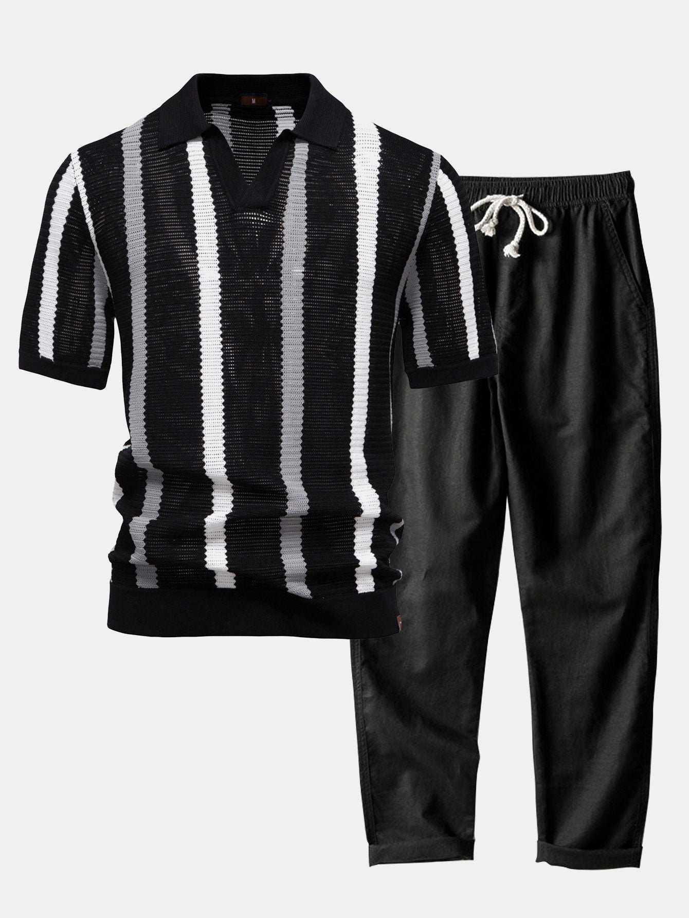 Camisa Polo de Punto a Rayas con Cuello en V y Pantalones de Lino de Pierna Recta