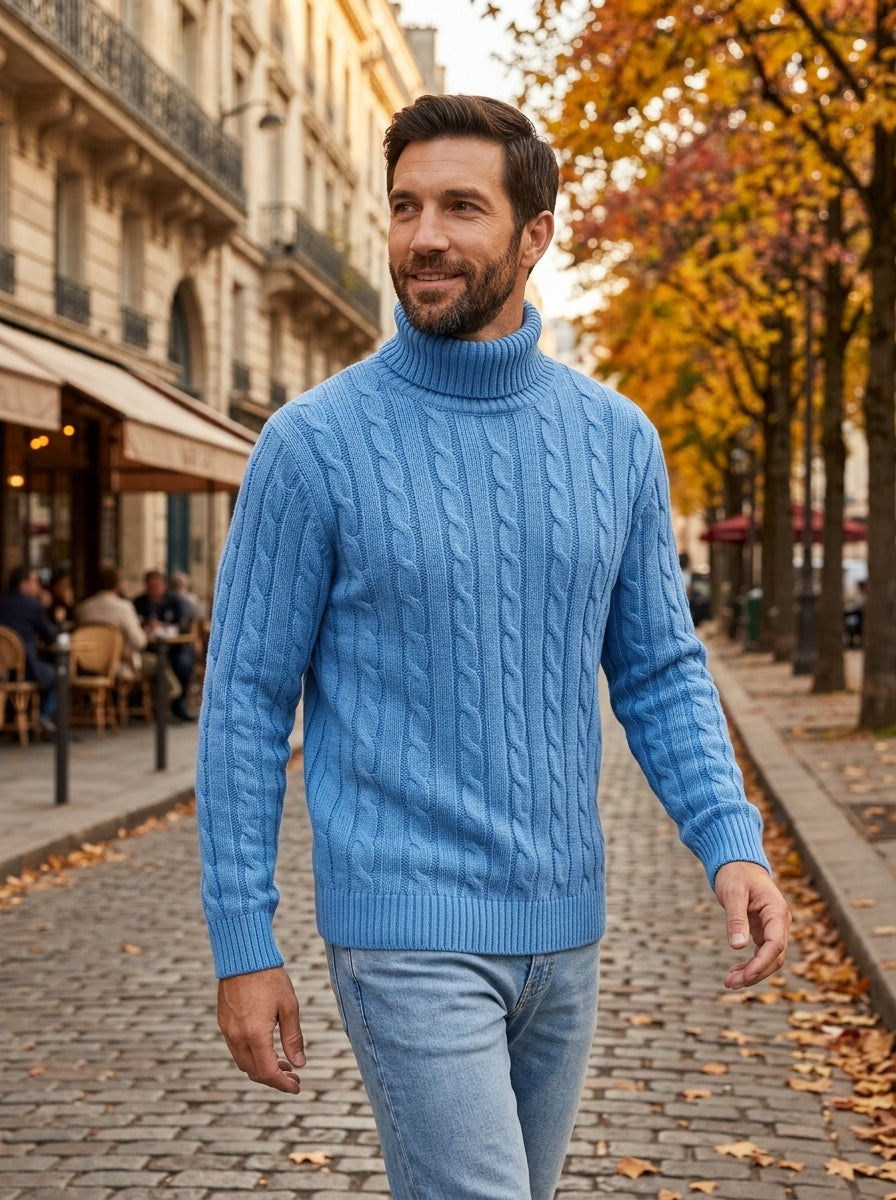 Adriano jersey de ochos grueso de cuello alto azul, paseando en otoño