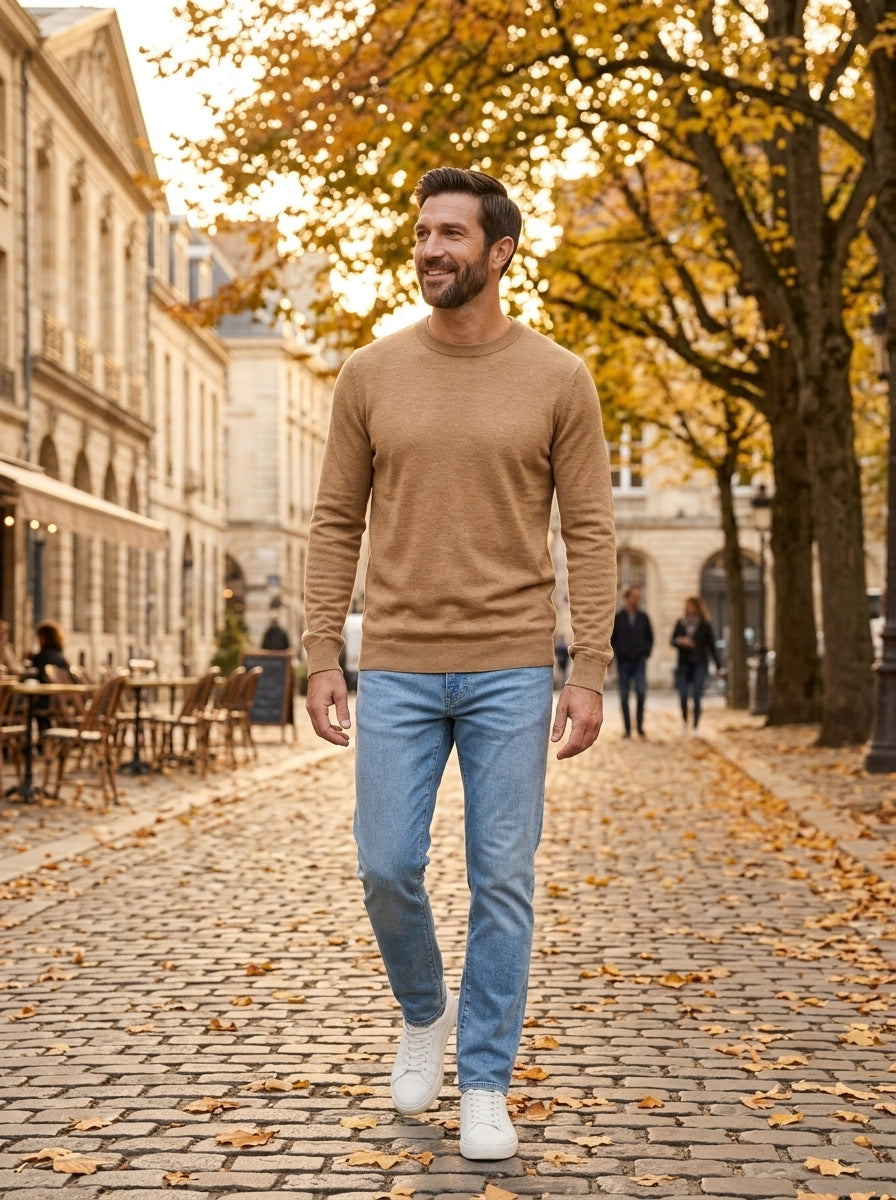 Alberto jersey básico de cuello redondo camel, paseando en otoño