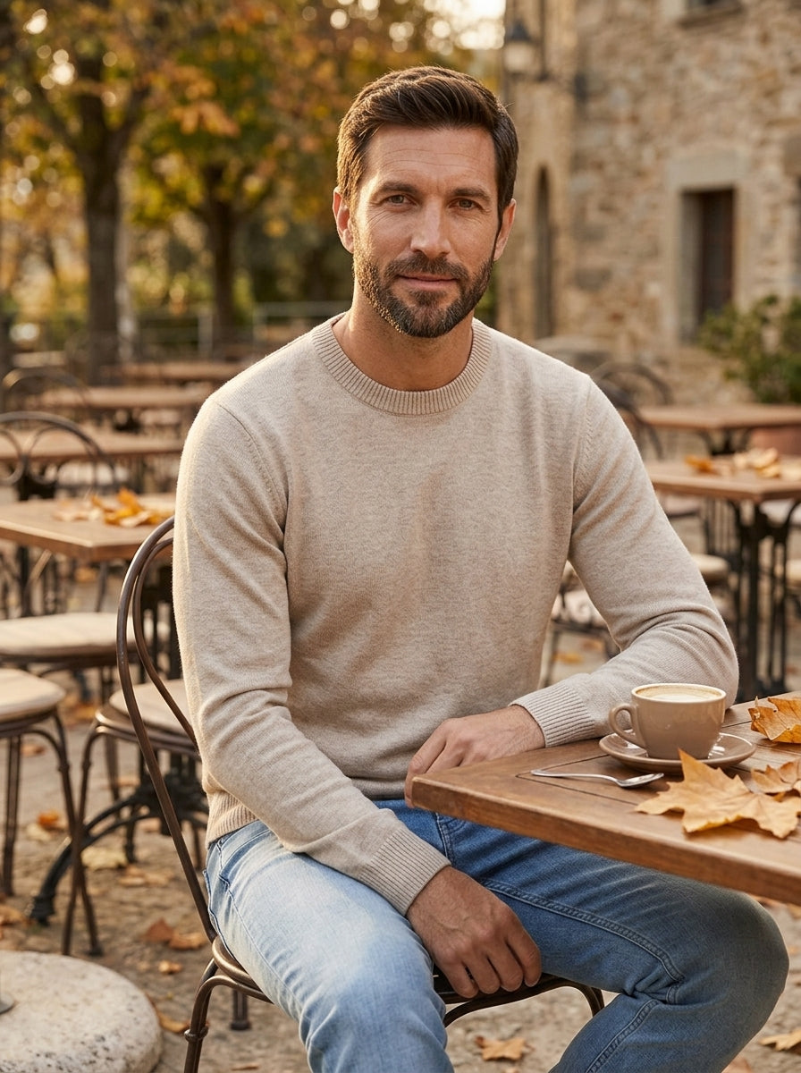 Andrea jersey fino de cuello redondo beige, en una terraza en otoño