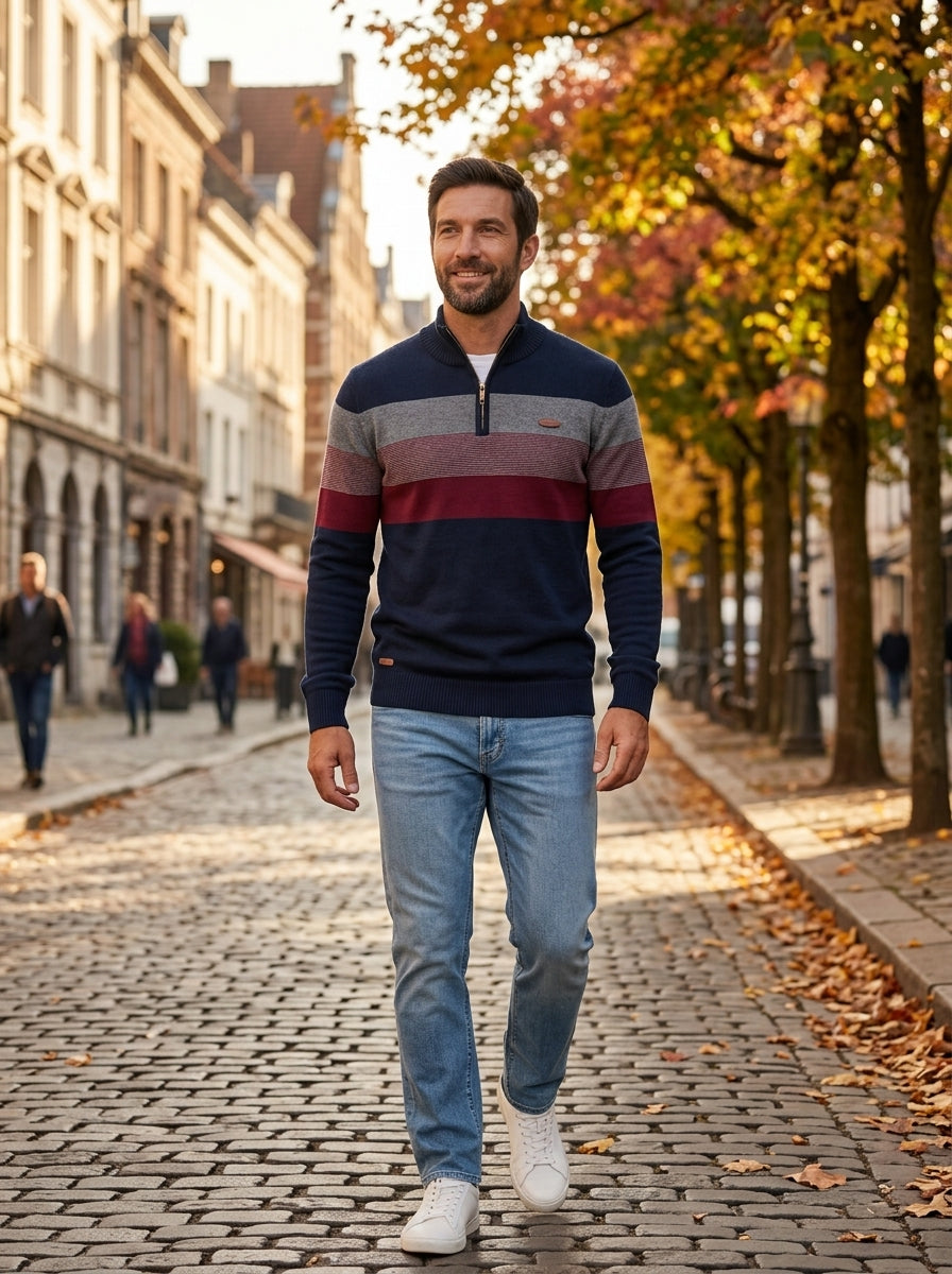 Carlo jersey de rayas con media cremallera azul marino, paseando en otoño