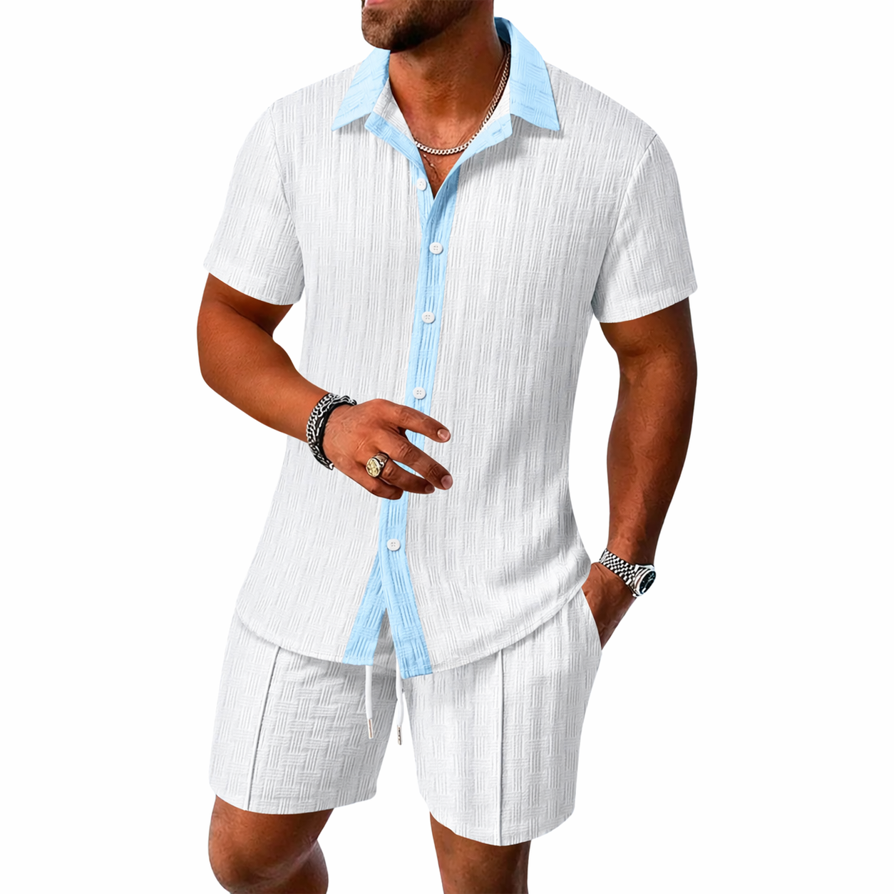 Conjunto hombre con camisa de manga corta con cuello y botones y pantalón corto con cintura elástica y cordón