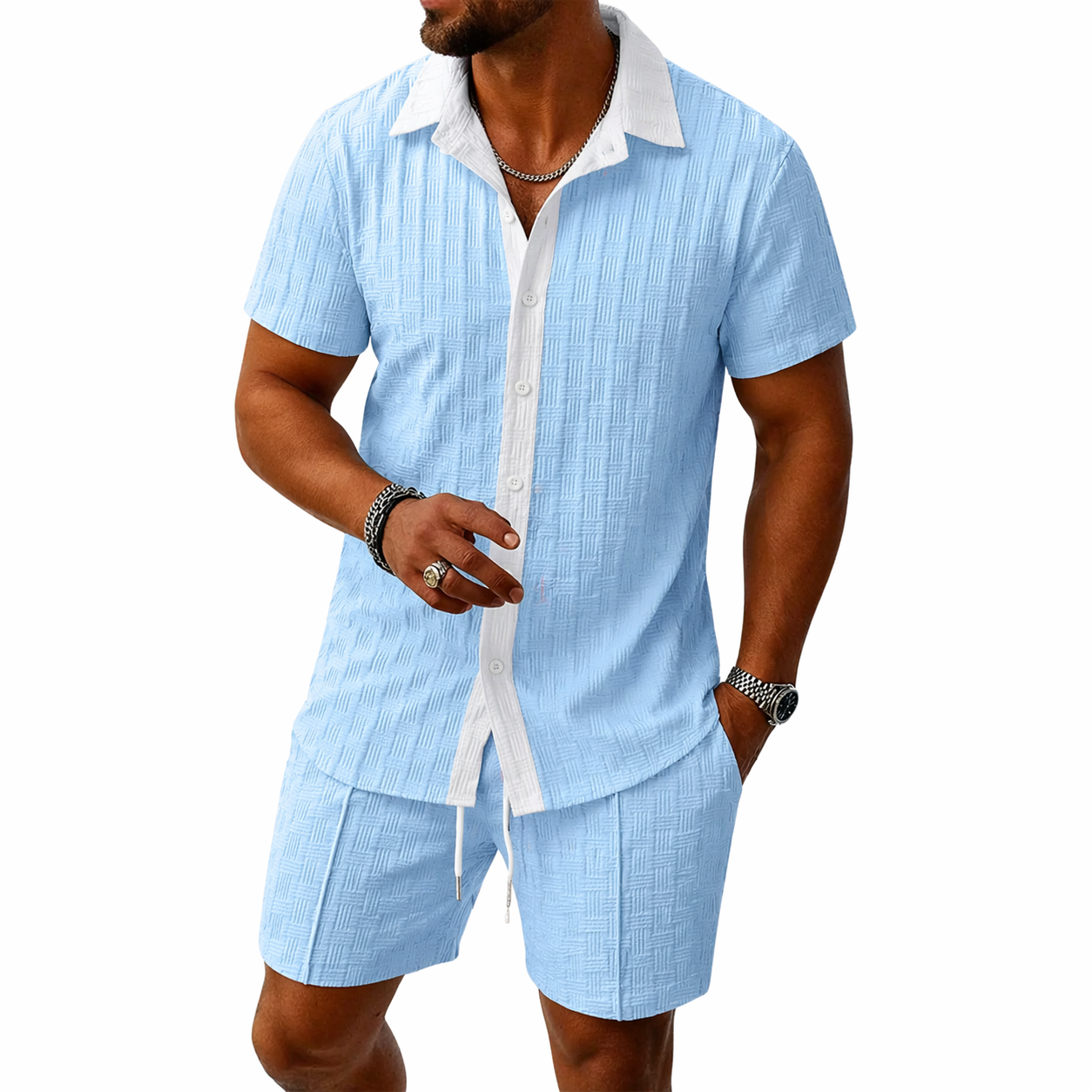 Conjunto hombre con camisa de manga corta con cuello y botones y pantalón corto con cintura elástica y cordón