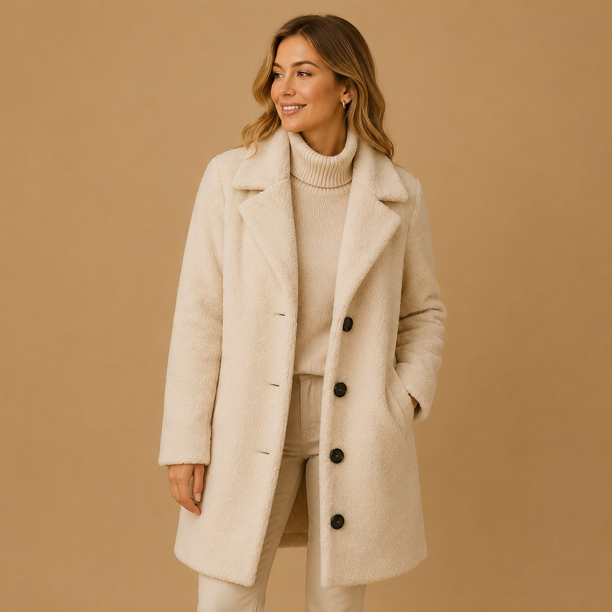 Abrigo teddy largo con botones – Crema