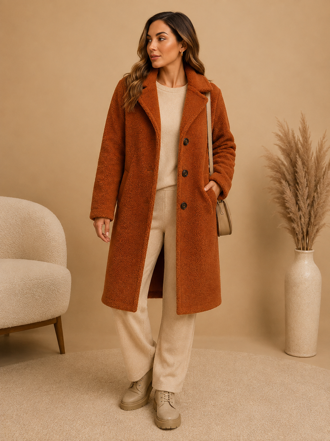 Abrigo teddy largo con botones – Terracota