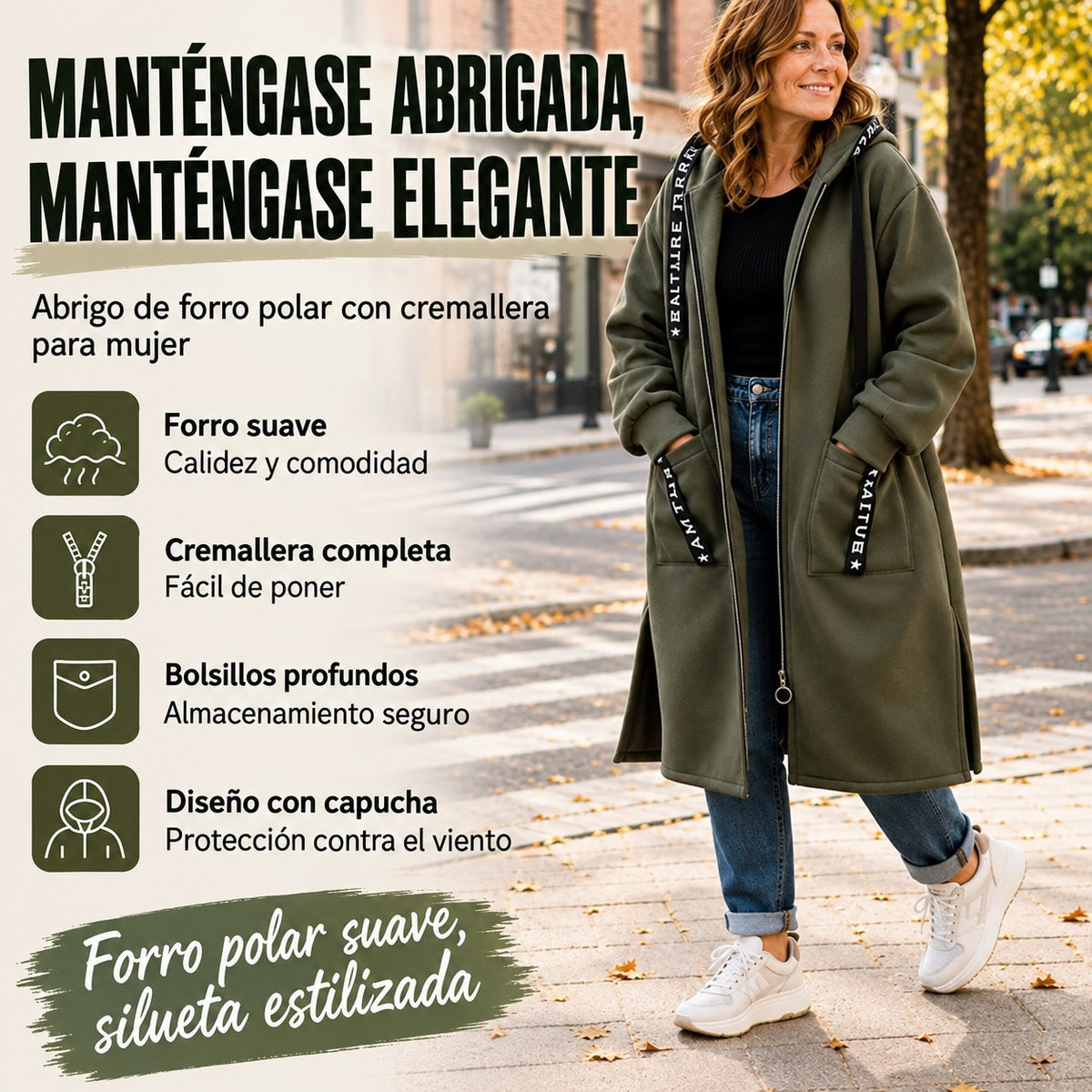Abrigo sudadera oversize con capucha para mujer – forro suave, cremallera completa, bolsillos profundos