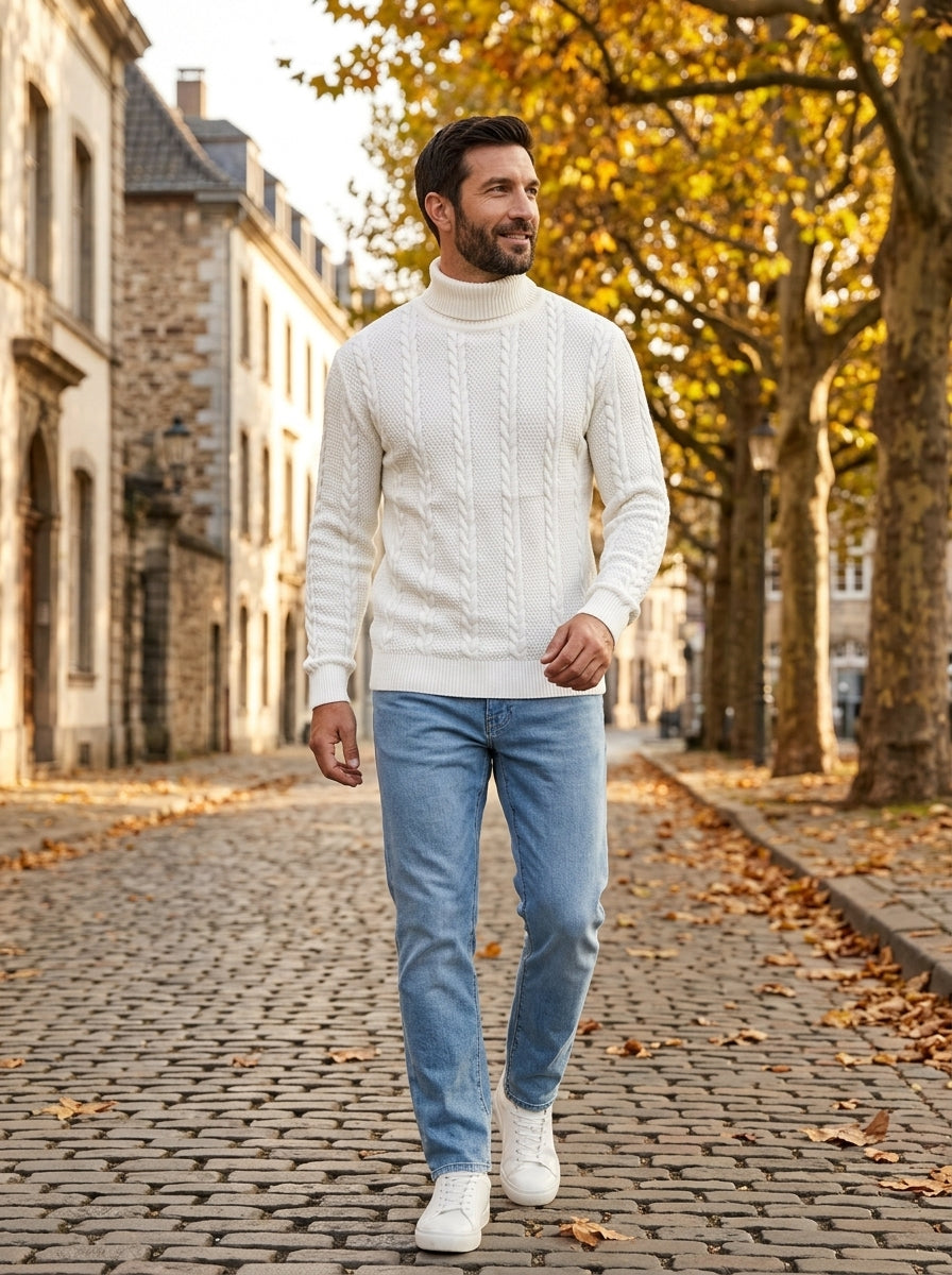 Fabio jersey de ochos de cuello alto blanco roto, paseando en otoño