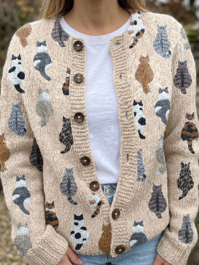 Cárdigan con estampado de gatos – Beige