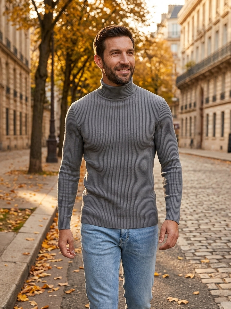 Giorgio jersey canalé de cuello medio gris, paseando en otoño