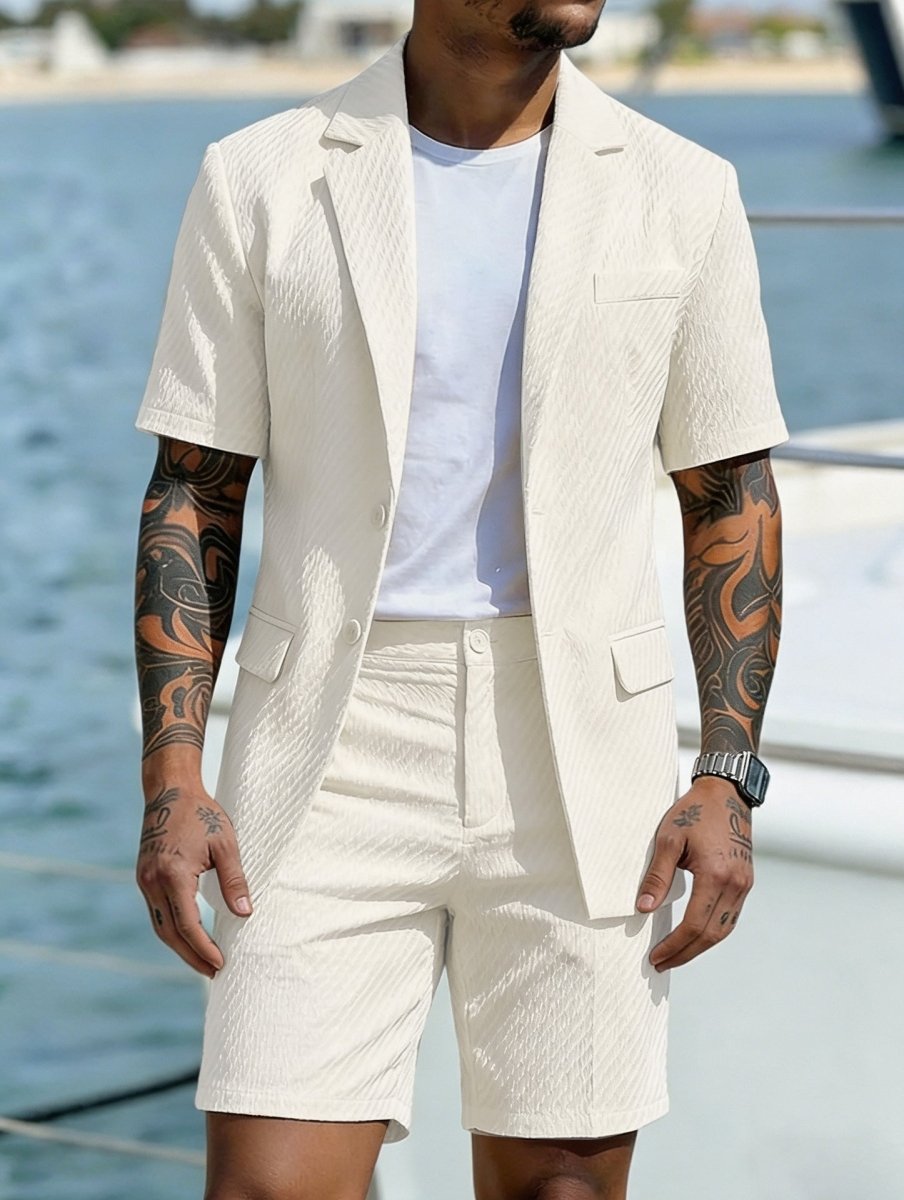 Hombre Conjunto de blazer de manga corta y pantalones cortos con textura ondulada