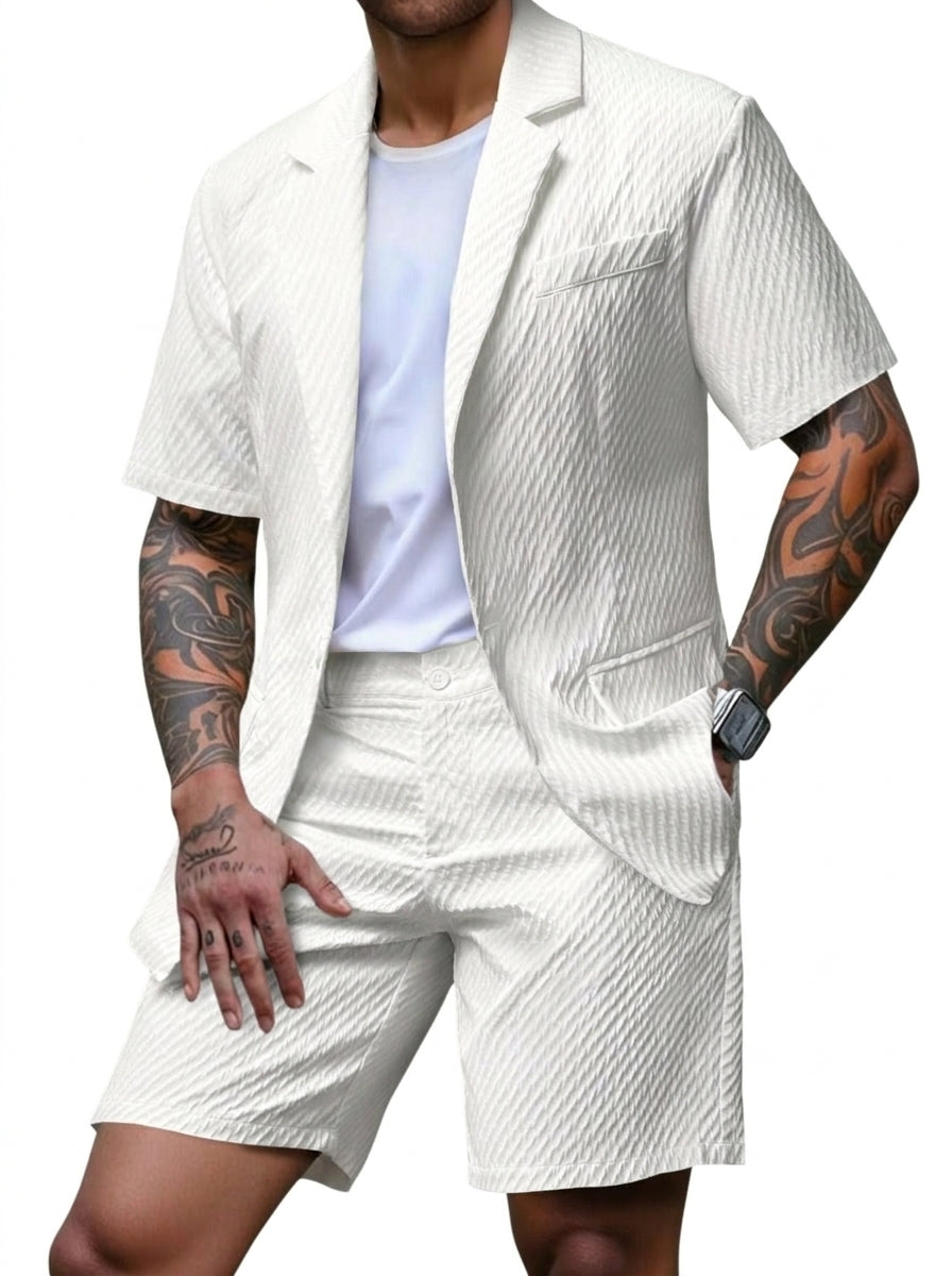 Hombre Conjunto de blazer de manga corta y pantalones cortos con textura ondulada