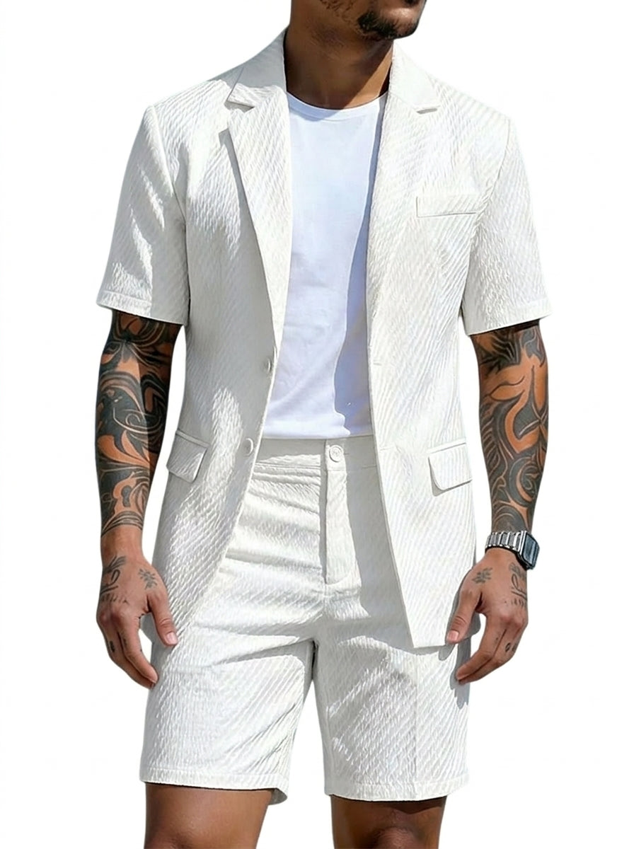 Hombre Conjunto de blazer de manga corta y pantalones cortos con textura ondulada