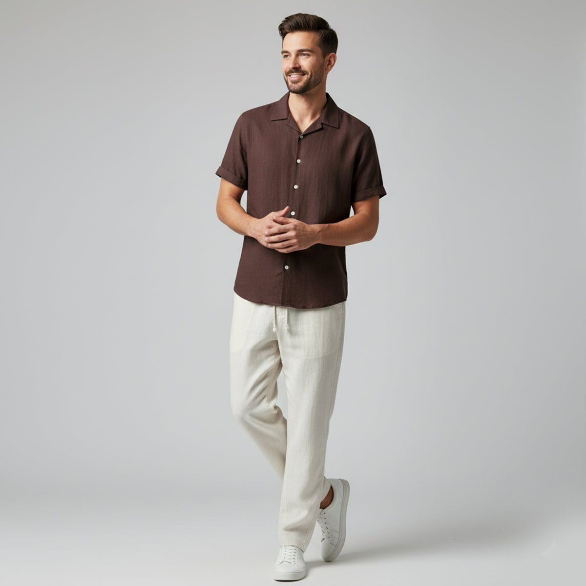 Hombre Conjunto de Camisa de Manga Corta con Cuello de Solapa y Pantalón con Cintura Elástica