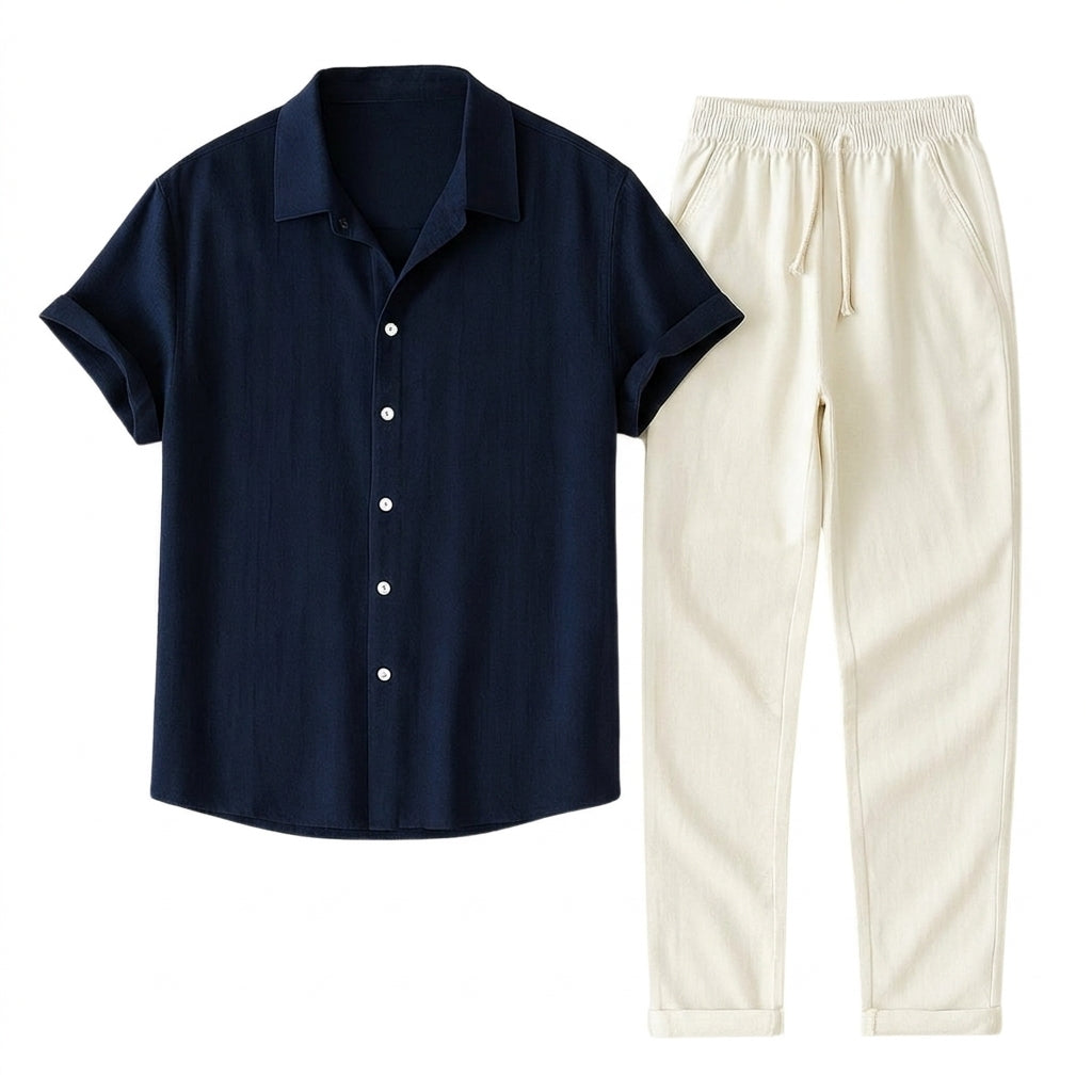 Hombre Conjunto de Camisa de Manga Corta con Cuello de Solapa y Pantalón con Cintura Elástica