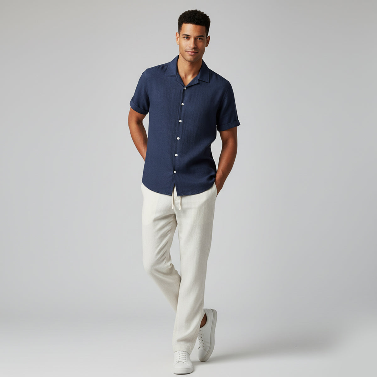 Hombre Conjunto de Camisa de Manga Corta con Cuello de Solapa y Pantalón con Cintura Elástica