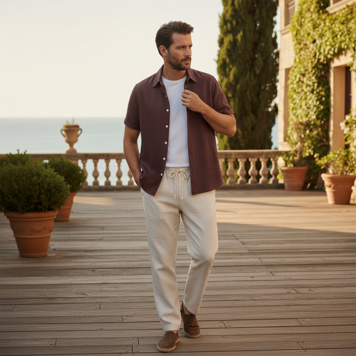 Hombre Conjunto de Camisa de Manga Corta con Cuello de Solapa y Pantalón con Cintura Elástica