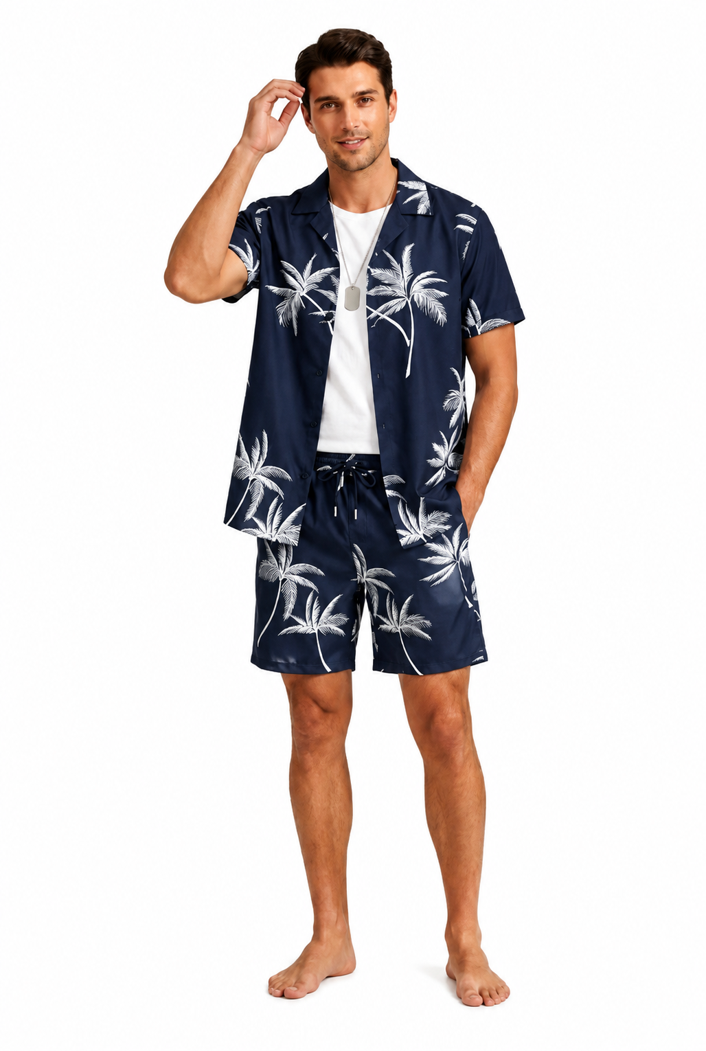 Hombre Conjunto de Camisa de Manga Corta y Shorts con Estampado de Palmeras