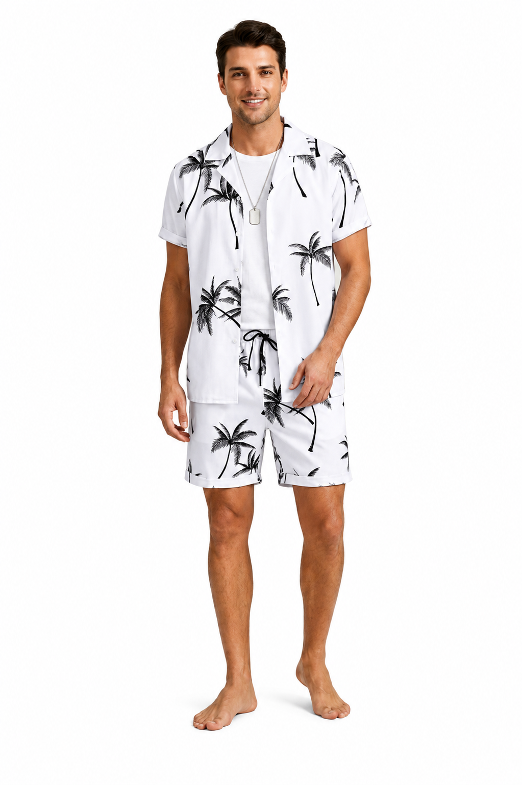 Hombre Conjunto de Camisa de Manga Corta y Shorts con Estampado de Palmeras