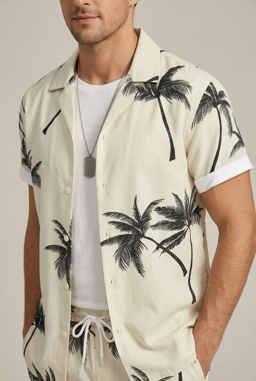 Hombre Conjunto de Camisa de Manga Corta y Shorts con Estampado de Palmeras