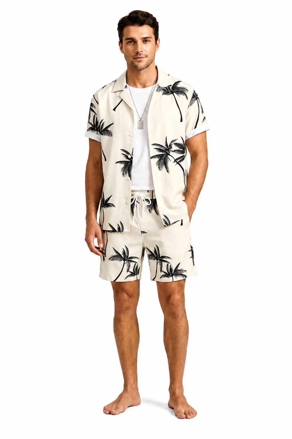 Hombre Conjunto de Camisa de Manga Corta y Shorts con Estampado de Palmeras