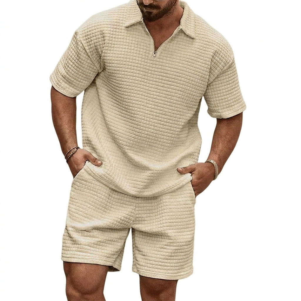 Hombre Conjunto de Polo con Cremallera y Pantalones Cortos con Textura de Cuadrícula