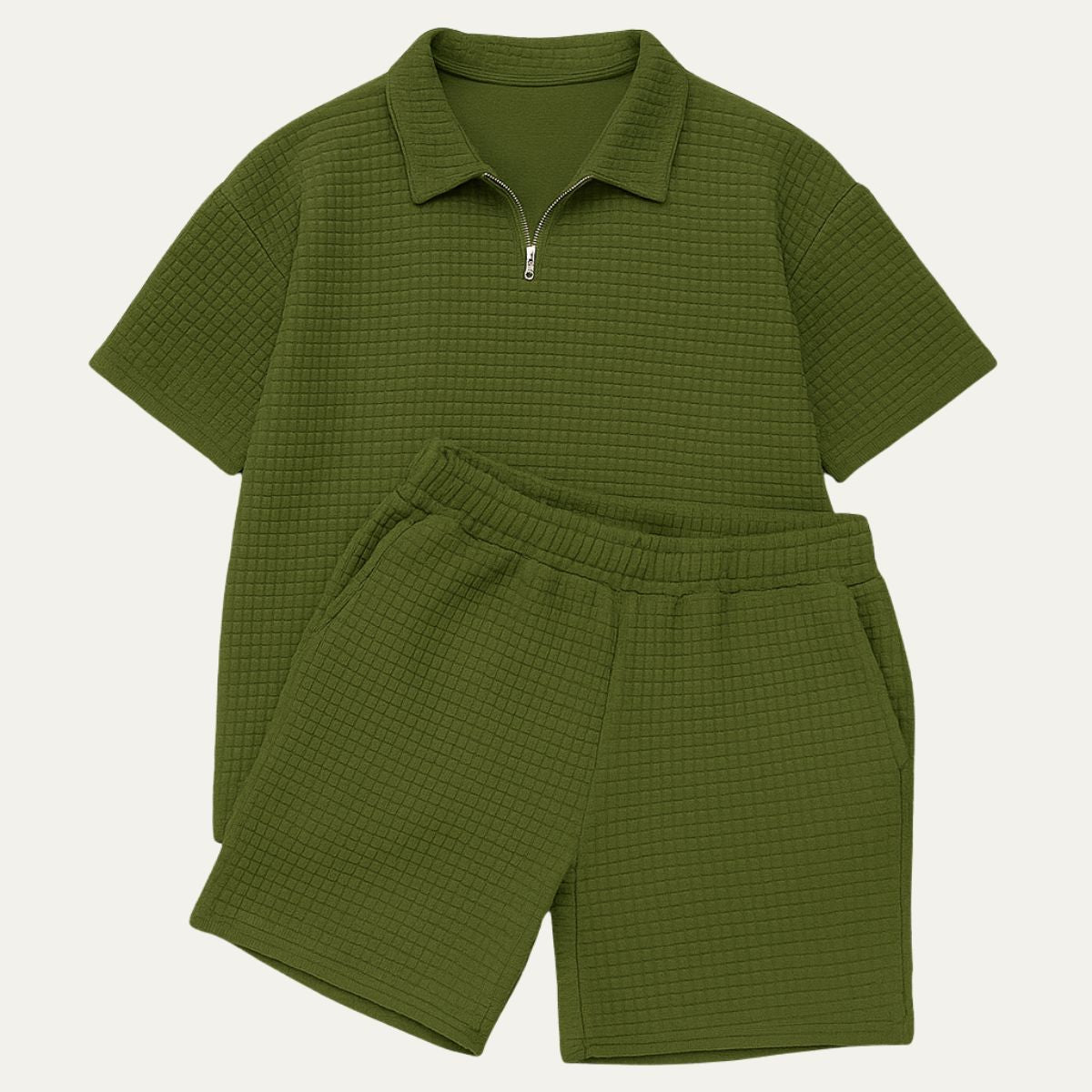 Hombre Conjunto de Polo con Cremallera y Pantalones Cortos con Textura de Cuadrícula