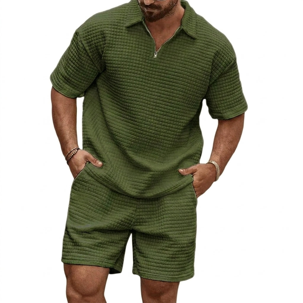 Hombre Conjunto de Polo con Cremallera y Pantalones Cortos con Textura de Cuadrícula