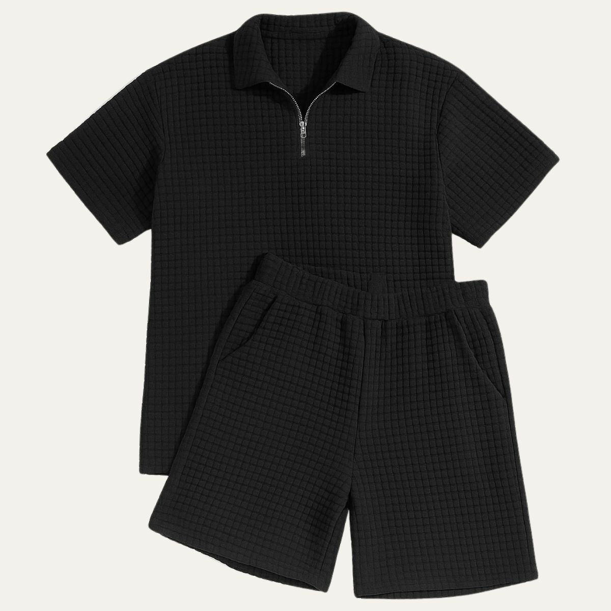 Hombre Conjunto de Polo con Cremallera y Pantalones Cortos con Textura de Cuadrícula