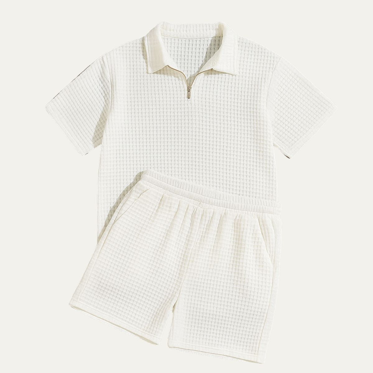 Hombre Conjunto de Polo con Cremallera y Pantalones Cortos con Textura de Cuadrícula