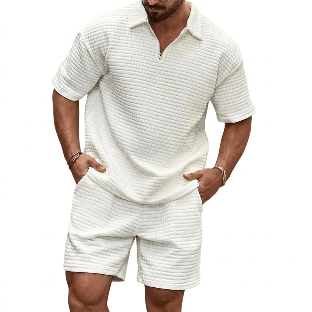 Hombre Conjunto de Polo con Cremallera y Pantalones Cortos con Textura de Cuadrícula