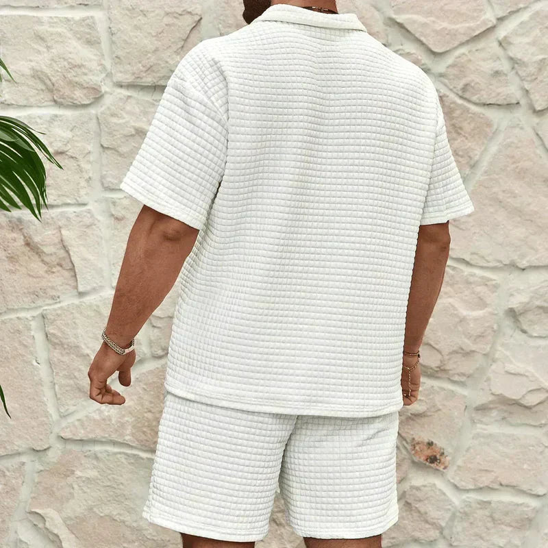 Hombre Conjunto de Polo con Cremallera y Pantalones Cortos con Textura de Cuadrícula