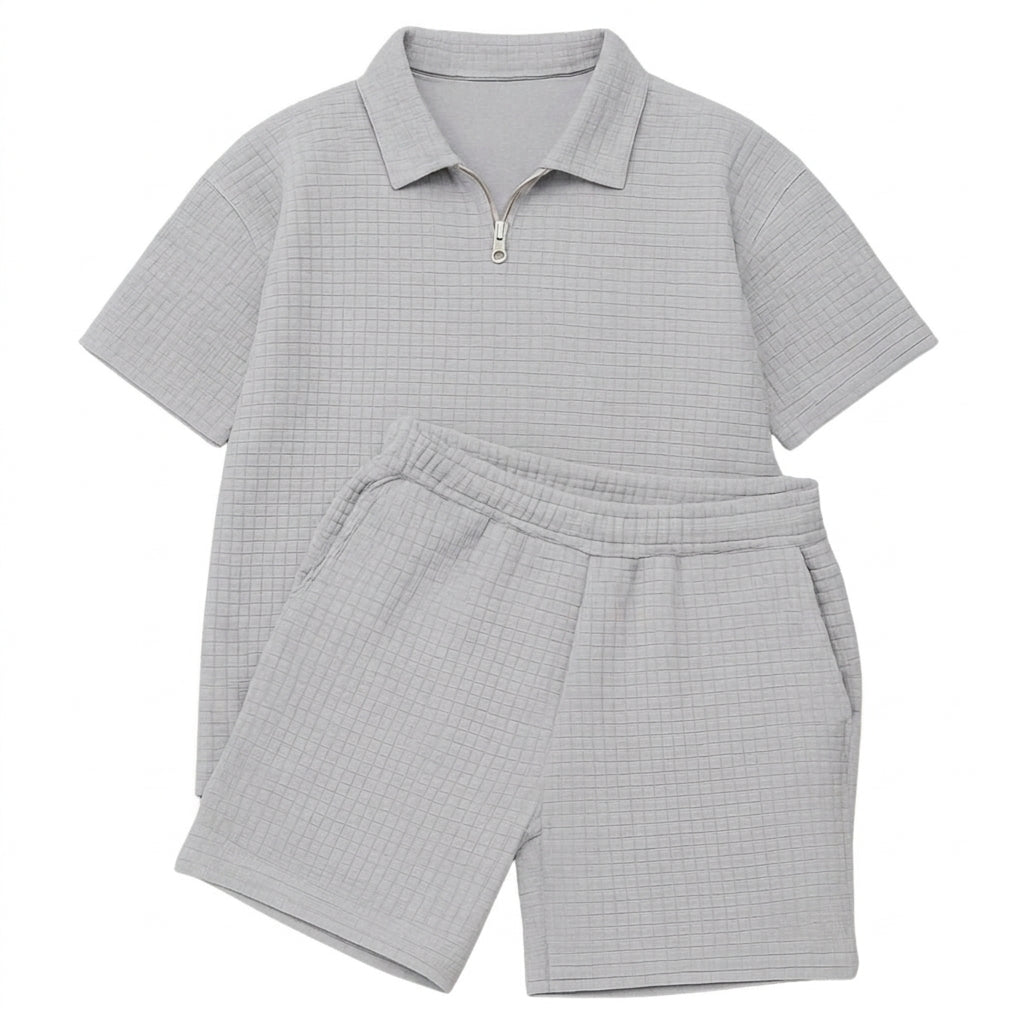 Hombre Conjunto de Polo con Cremallera y Pantalones Cortos con Textura de Cuadrícula