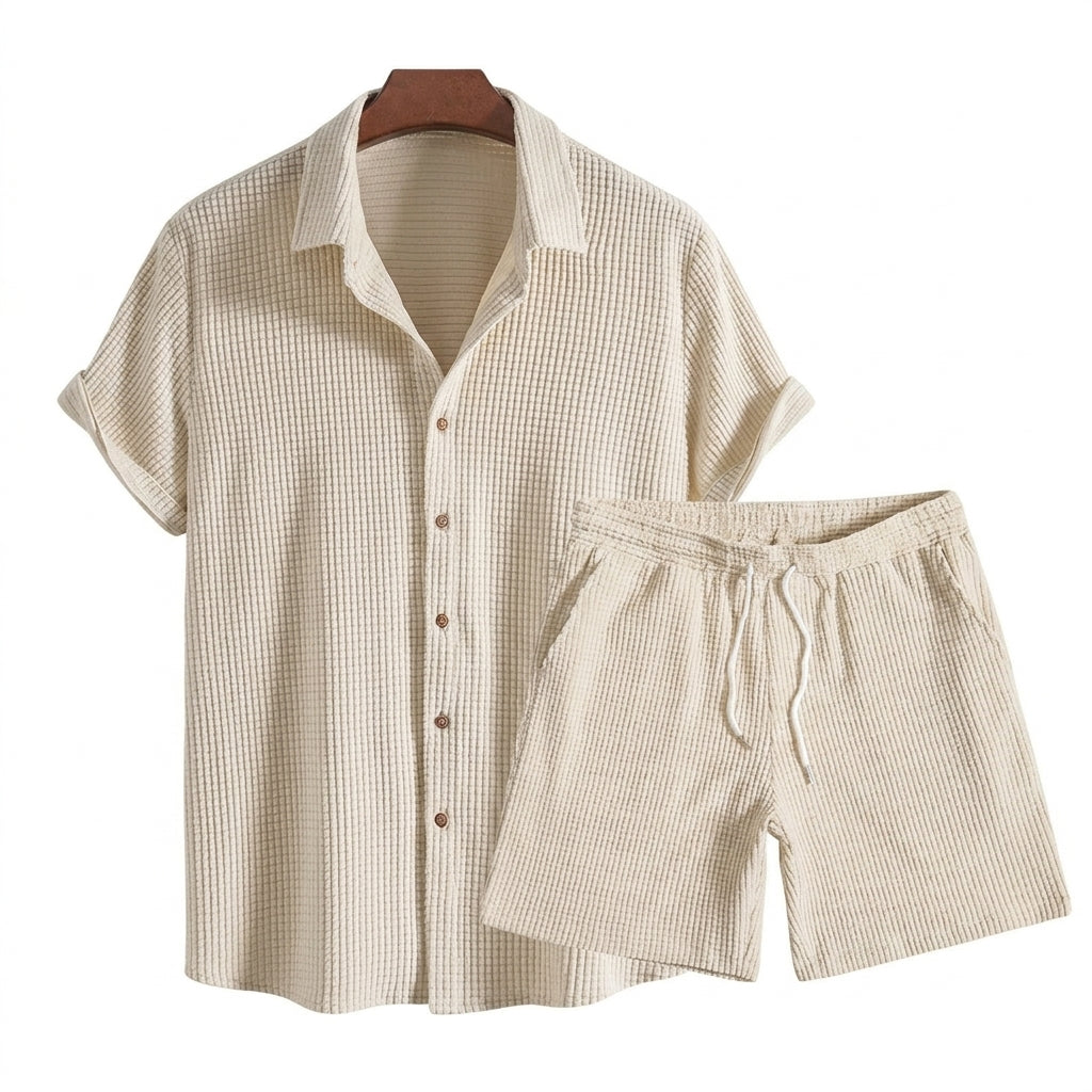 Hombres Conjunto de Camisa de Manga Corta y Pantalones Cortos con Textura de Gofre