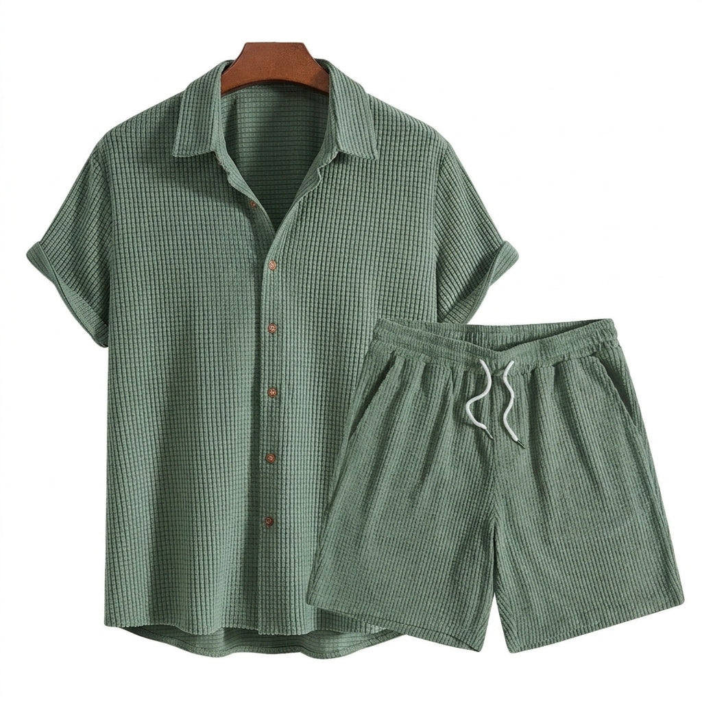 Hombres Conjunto de Camisa de Manga Corta y Pantalones Cortos con Textura de Gofre