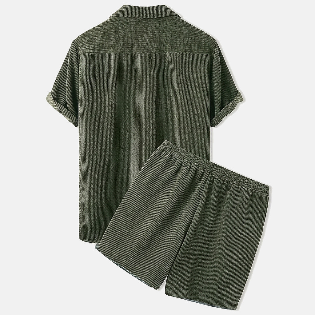 Hombres Conjunto de Camisa de Manga Corta y Pantalones Cortos con Textura de Nervaduras