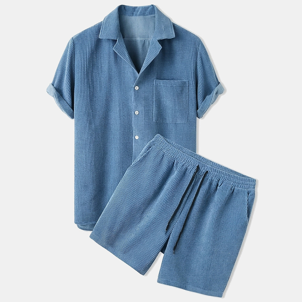 Hombres Conjunto de Camisa de Manga Corta y Pantalones Cortos con Textura de Nervaduras