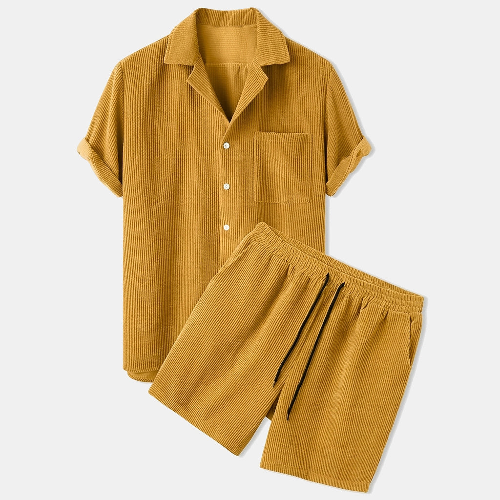 Hombres Conjunto de Camisa de Manga Corta y Pantalones Cortos con Textura de Nervaduras