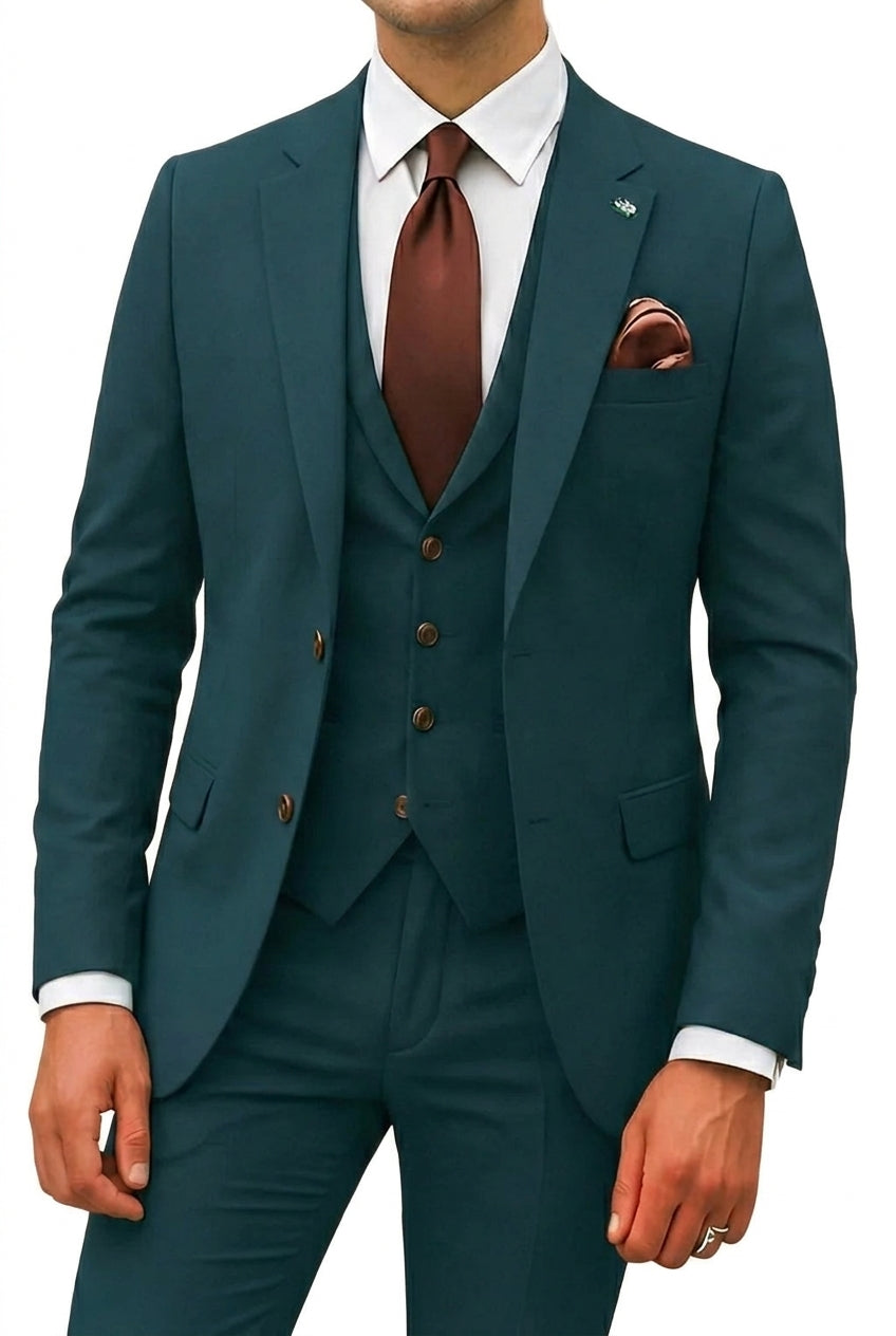 Hombres traje de tres piezas con chaqueta de solapa de muesca, chaleco y pantalones