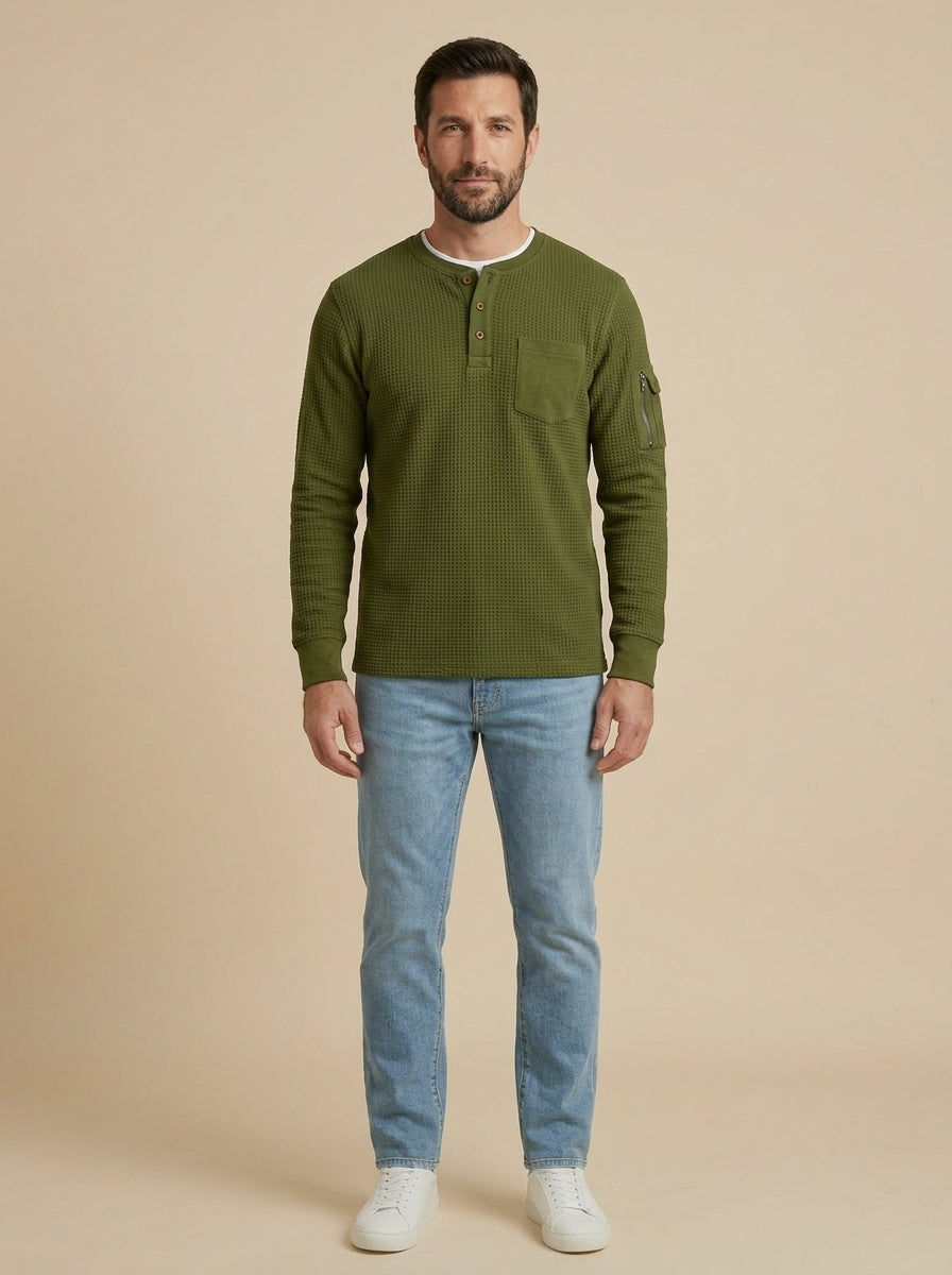Luca jersey henley waffle de hombre verde, de frente