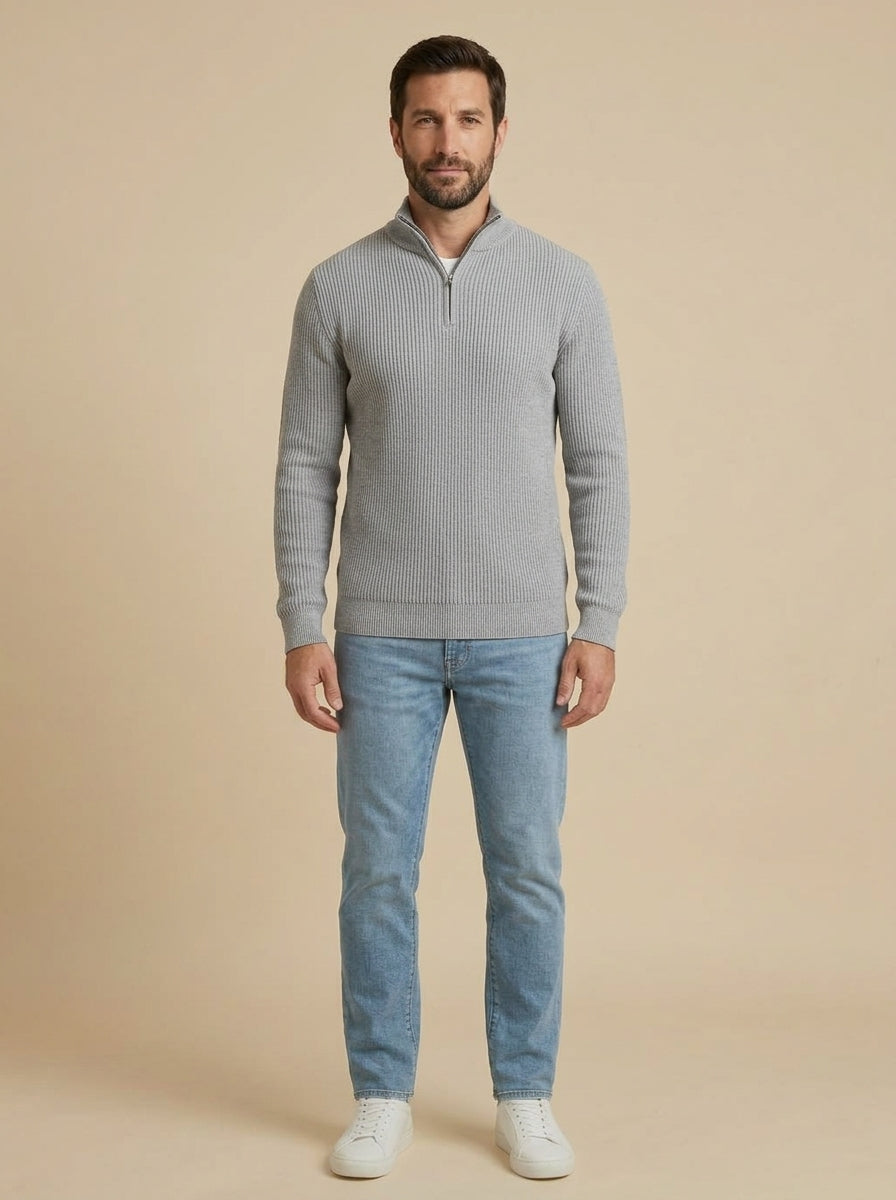 Massimo jersey canalé con media cremallera gris, de frente