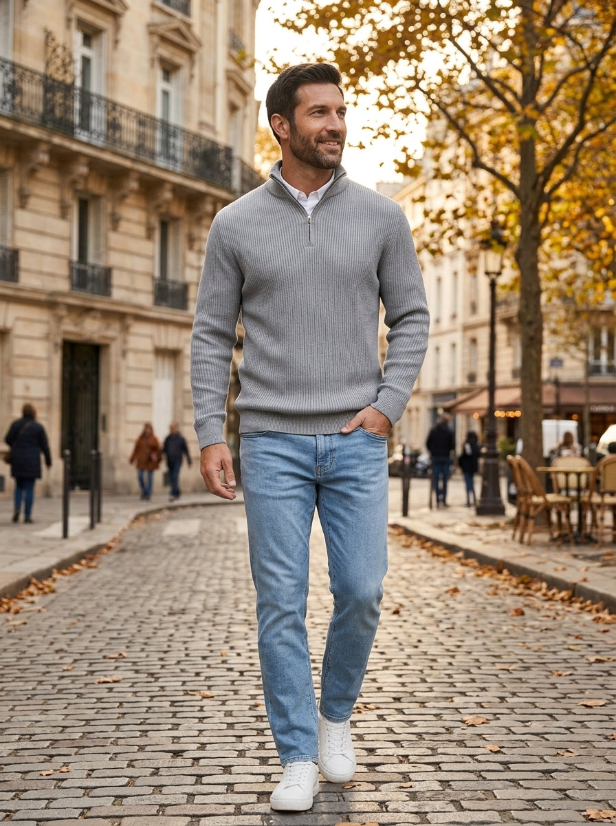 Massimo jersey canalé con media cremallera gris, paseando en otoño