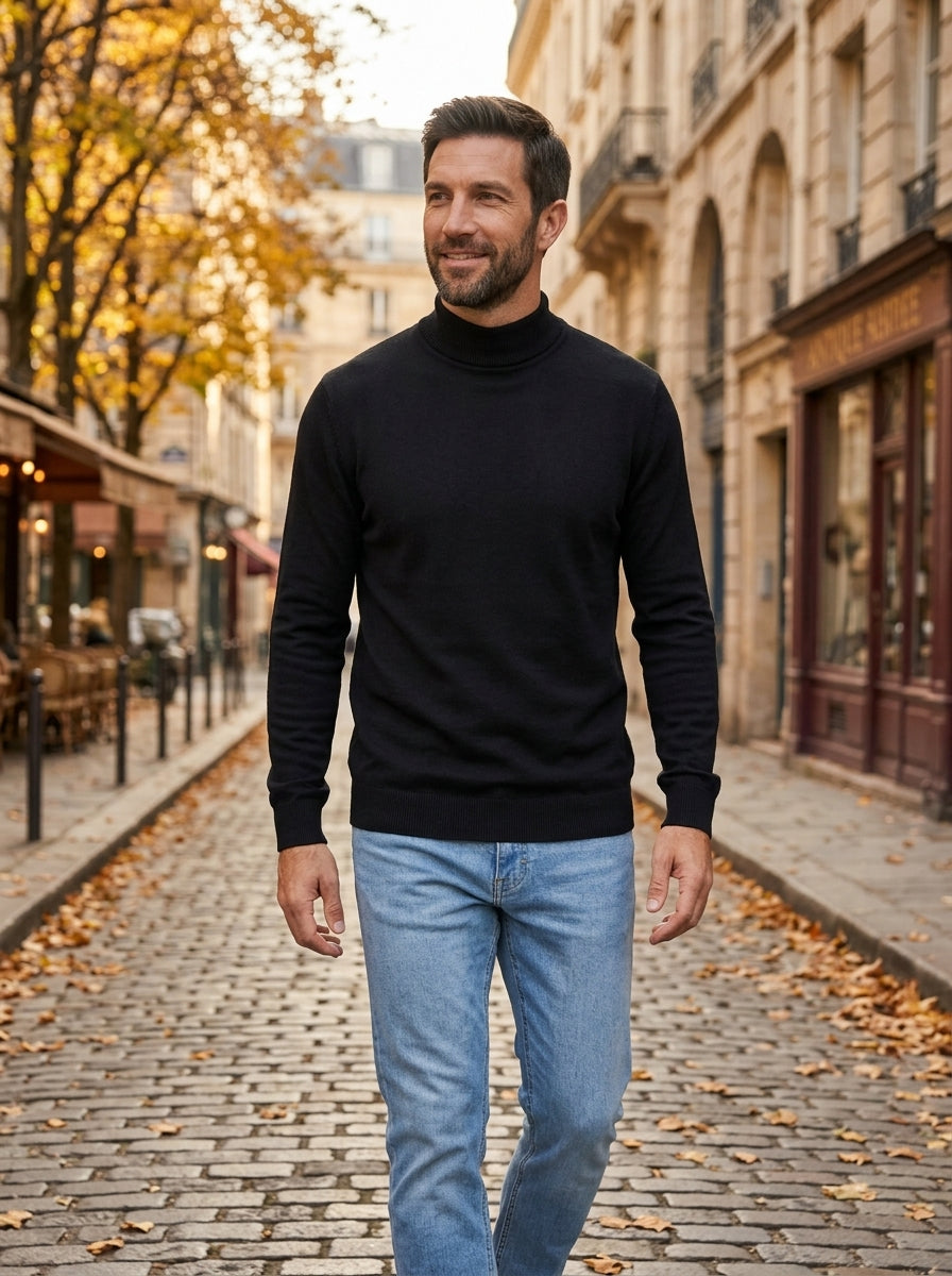 Matteo jersey de cuello alto de hombre negro, paseando en otoño