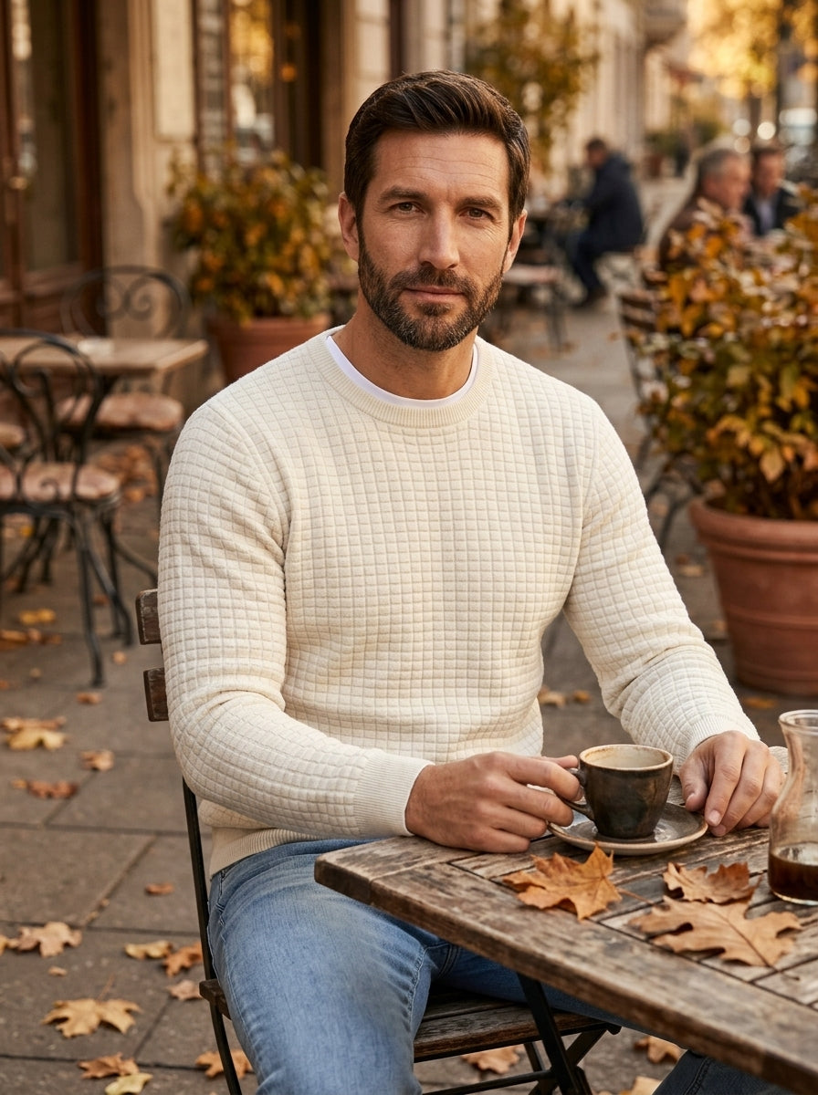 Paolo jersey jacquard de cuello redondo blanco roto, en una terraza en otoño