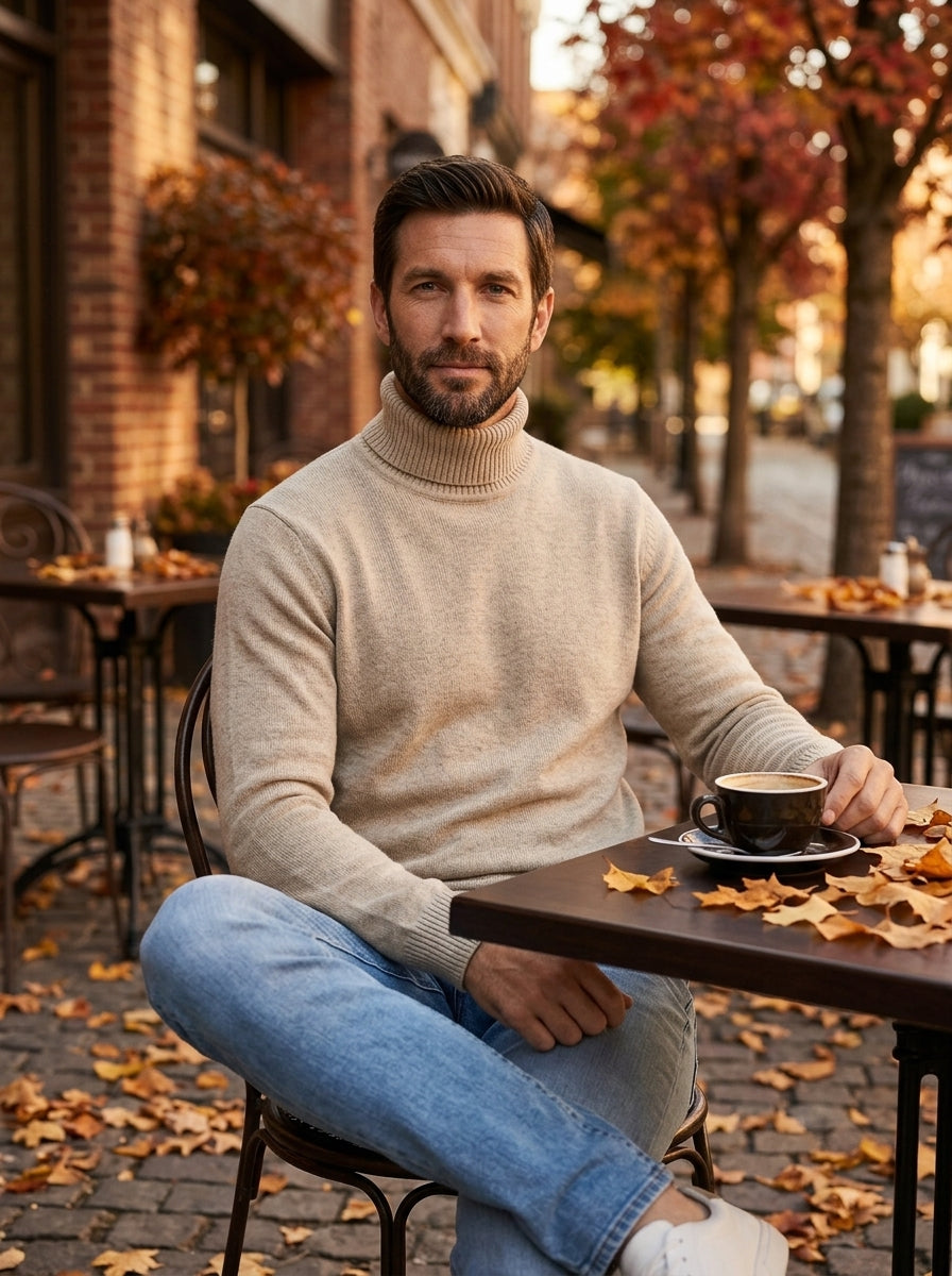 Sergio jersey canalé de cuello alto beige, en una terraza en otoño